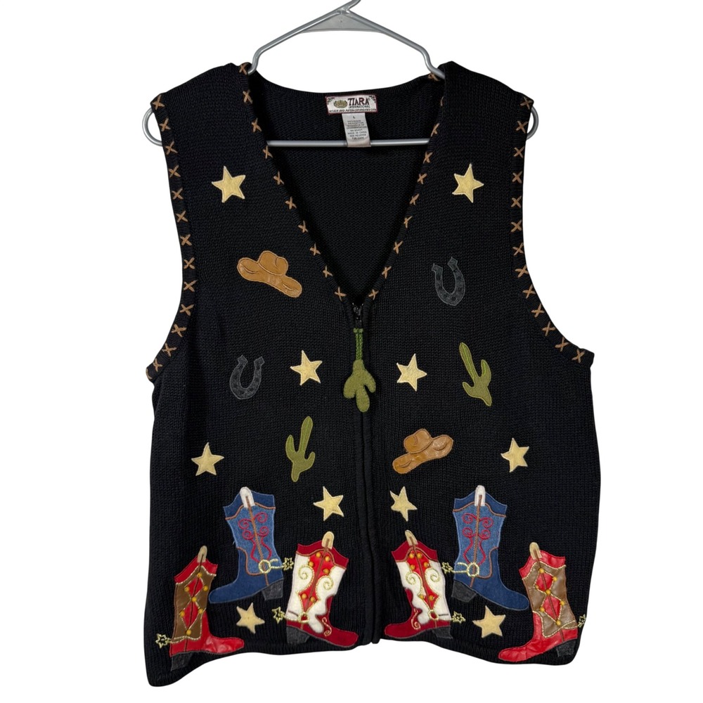 Tiara International Western Cowboy Boot Knit Vest Black Zip Front Ramie Cotton L